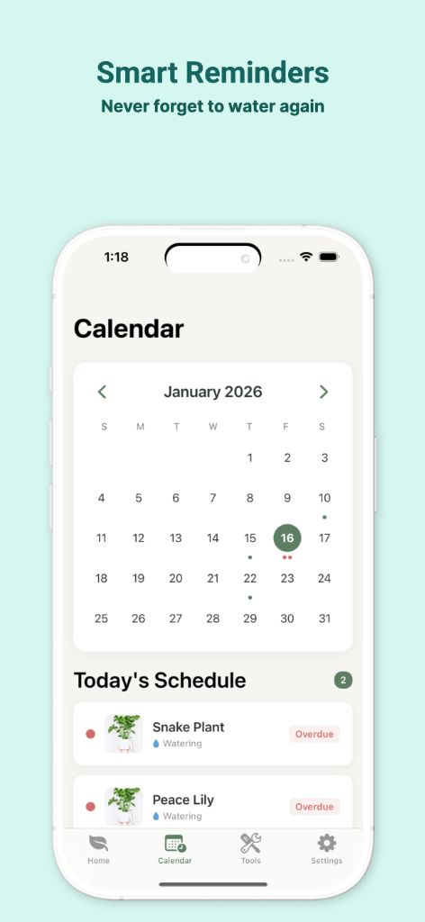 Plantana care calendar with upcoming plant tasks